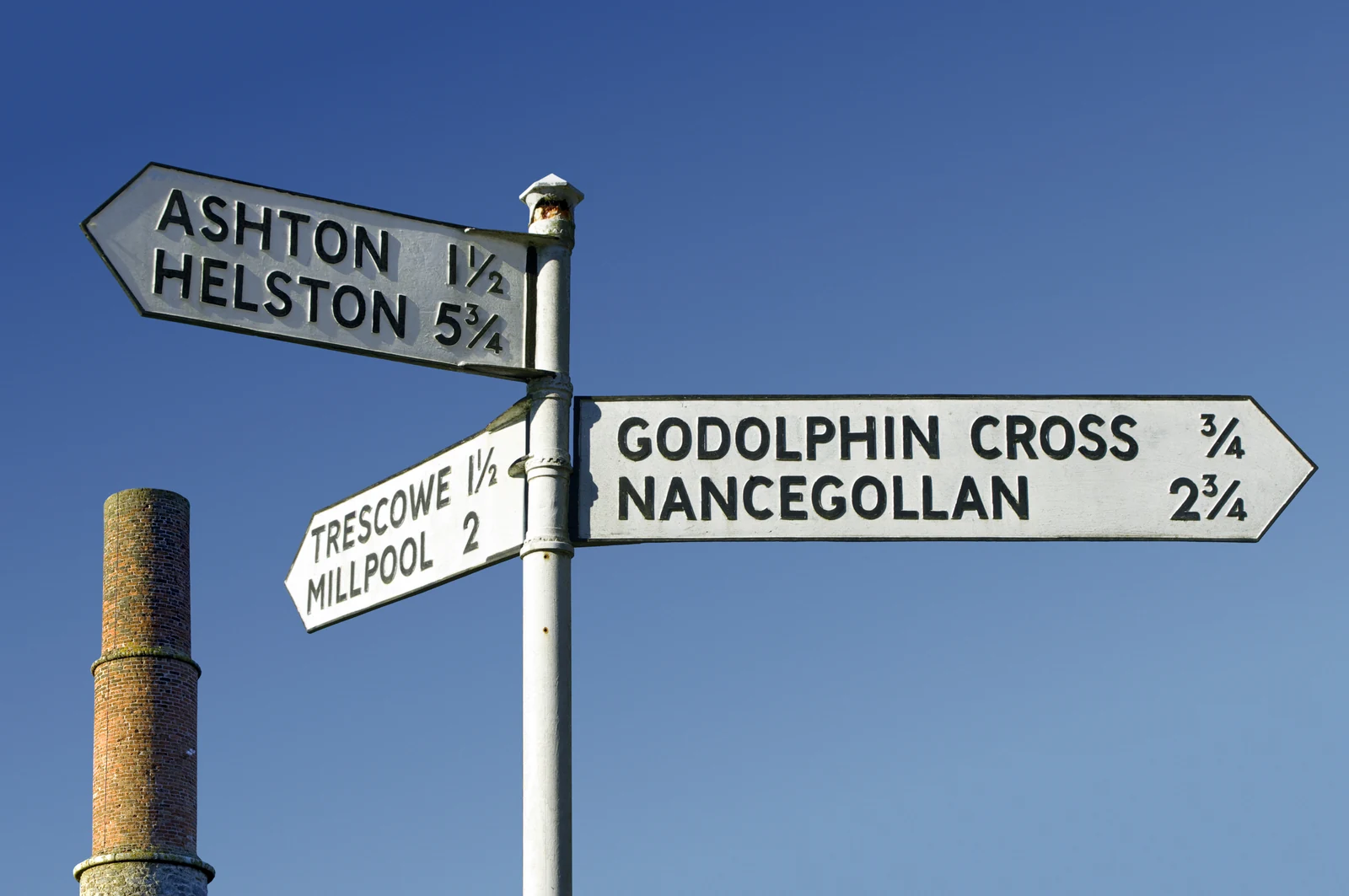 A Cornish fingerpost pointing towards Helston, Godolphin Cross and Nancegollan