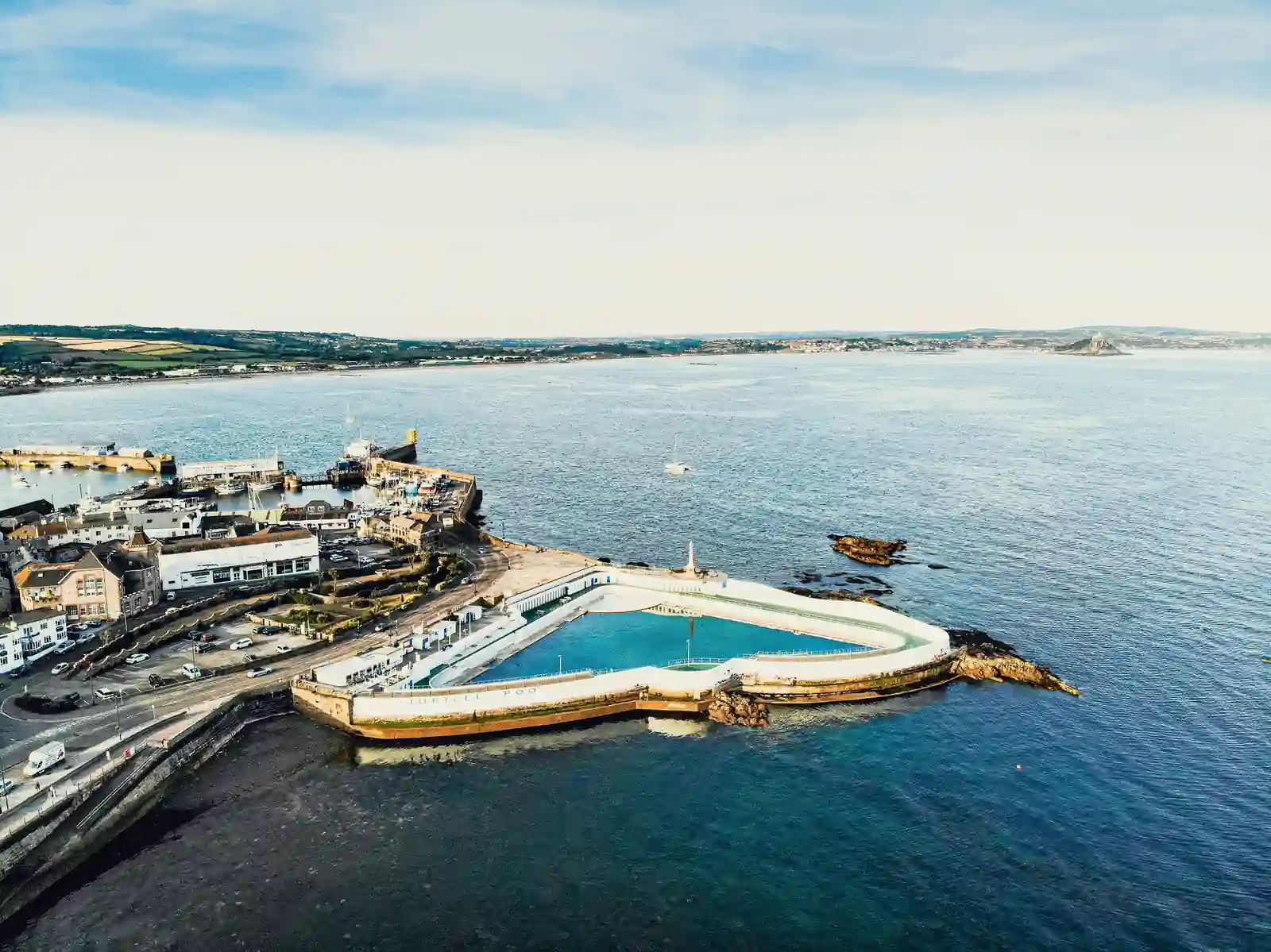 The art deco Jubilee Pool on the seafront at Penzance, with St Michael's Mount beyond